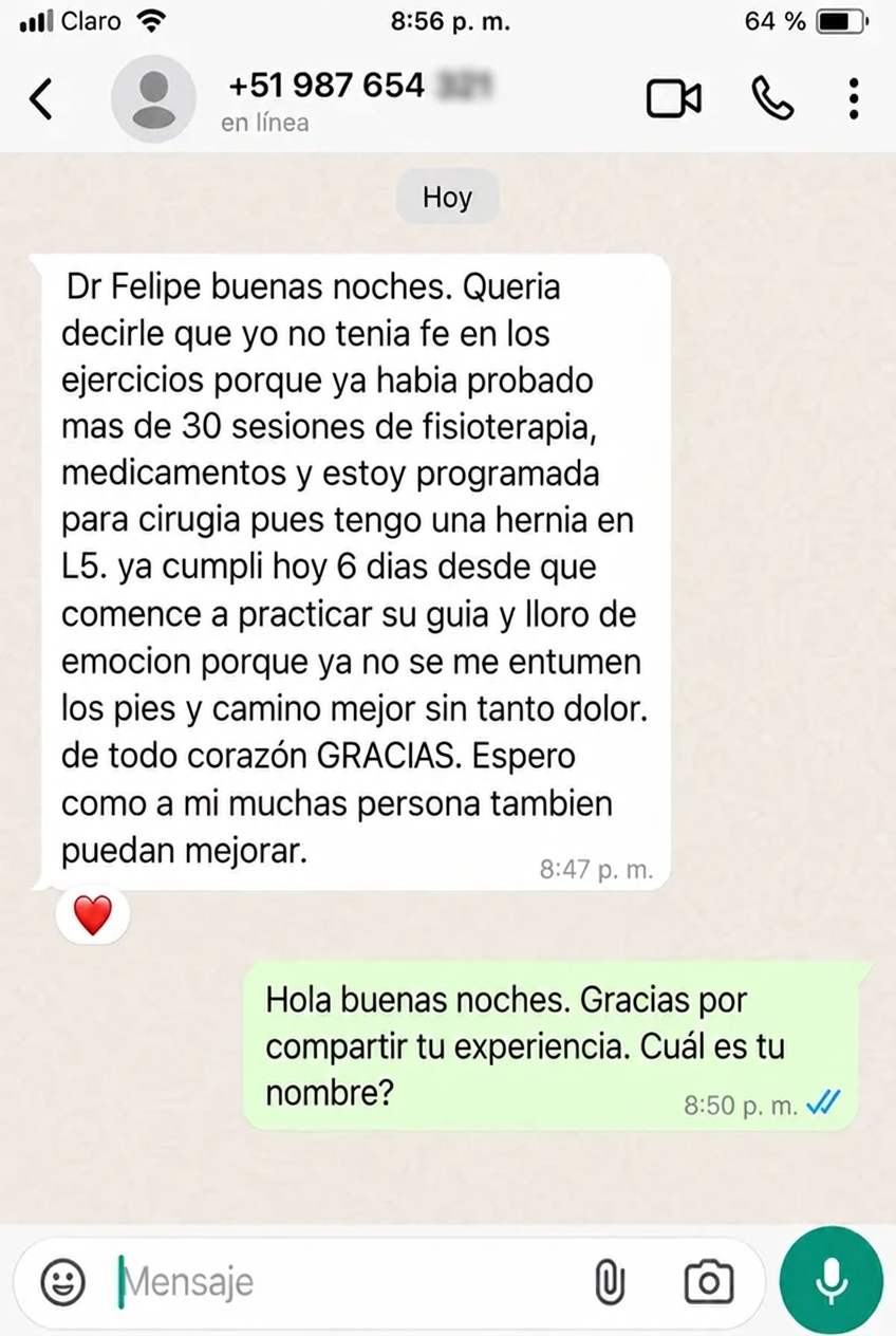 Testimonio de WhatsApp de una paciente con hernia en L5 que mejoró con la guía
