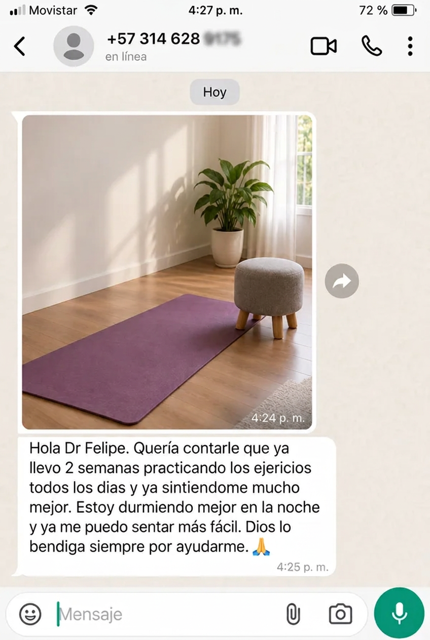 Testimonio de WhatsApp de un paciente tras dos semanas practicando los ejercicios