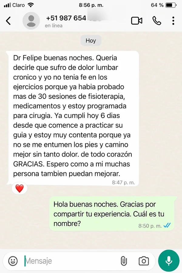 Testimonio de WhatsApp de una paciente con dolor lumbar crónico que mejoró en 6 días con la guía
