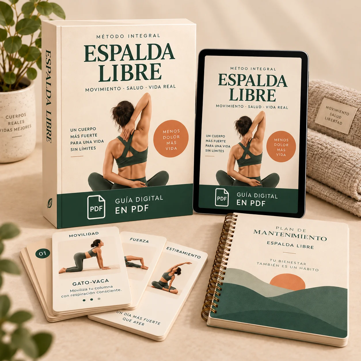 Mockup completo del programa digital Espalda Libre en tableta, móvil y guía impresa