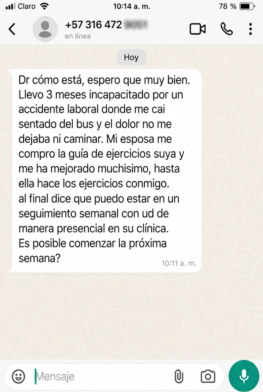 Testimonio de WhatsApp de un paciente recuperado de un accidente laboral