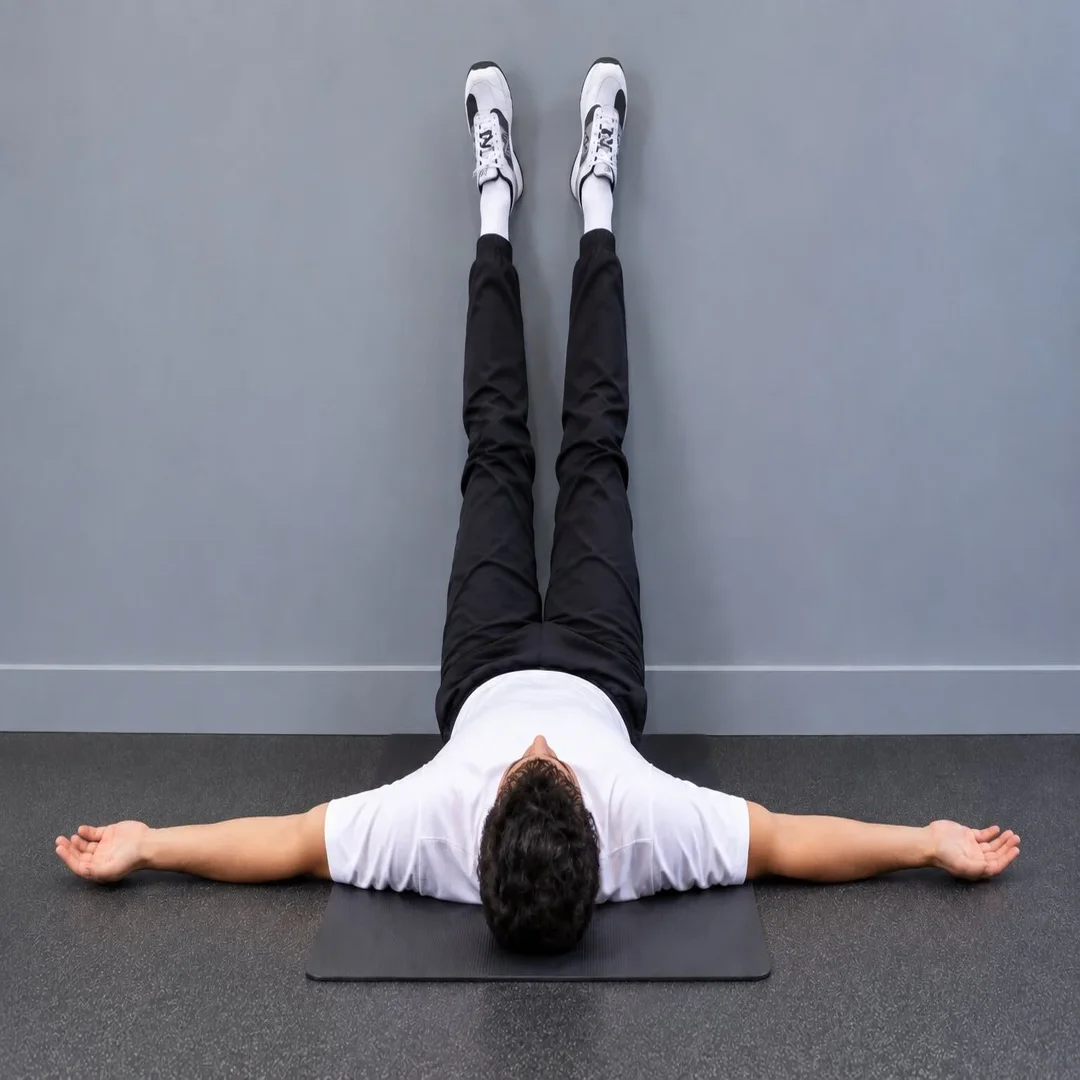 Persona con las piernas elevadas apoyadas en la pared, postura de descanso lumbar