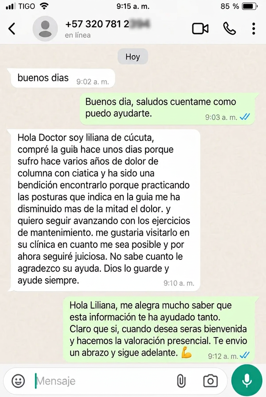 Testimonio de WhatsApp de Liliana de Cúcuta sobre la guía Espalda Libre