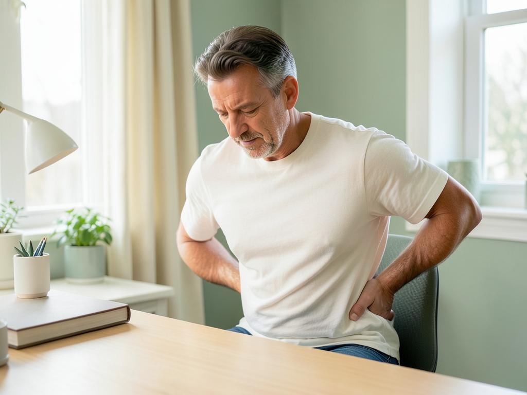 Hombre sentado en su escritorio llevándose la mano a la espalda baja